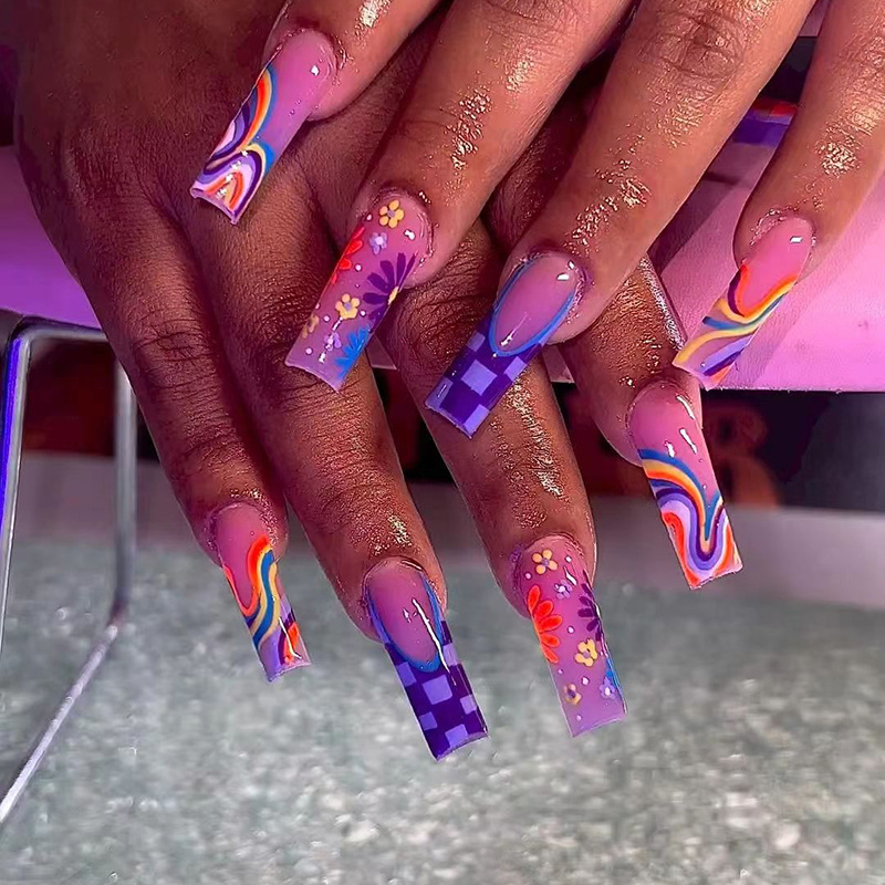 Pressed Flower Art - 24pcs Long Square Purple False Nails