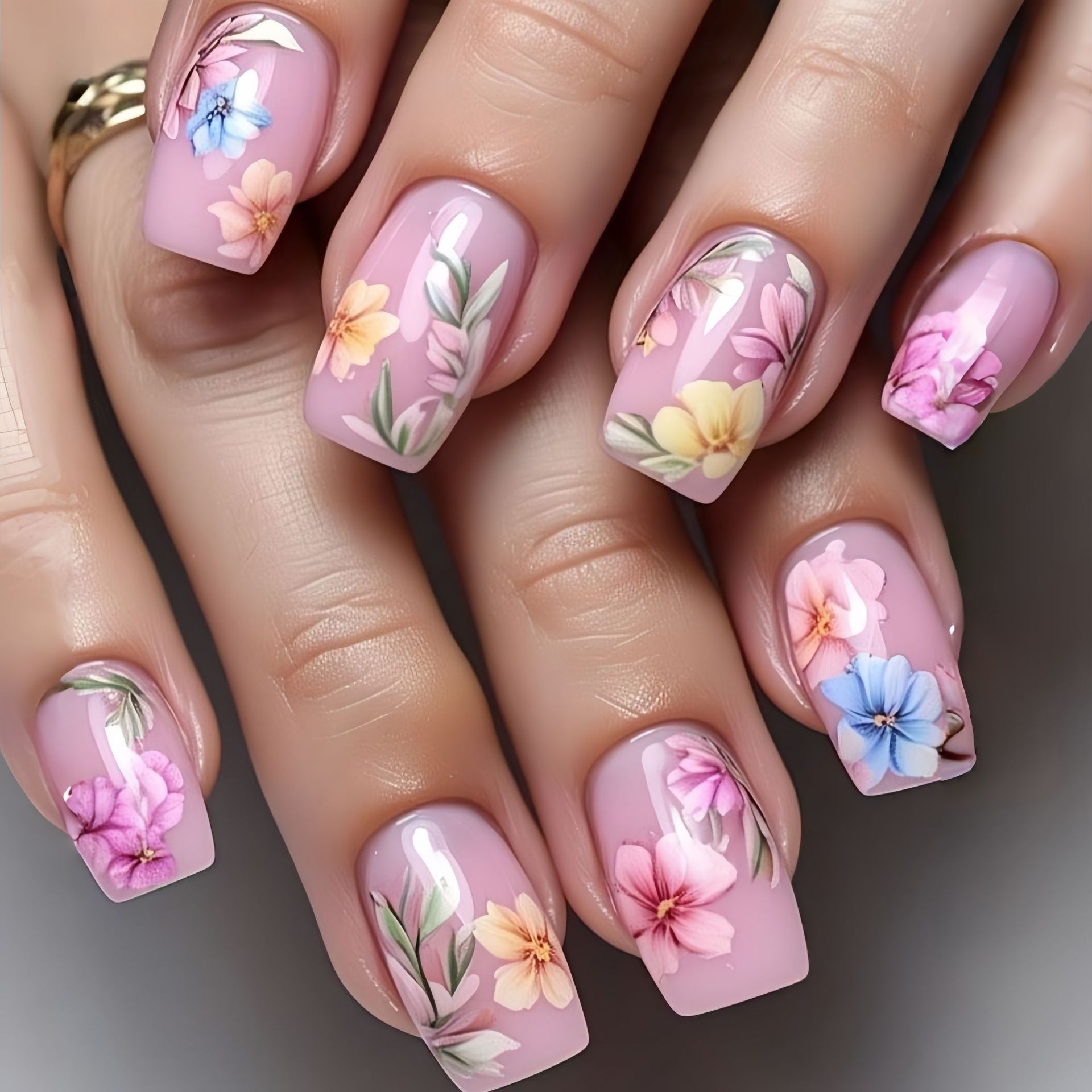 Medium Fake Nails for Women Gi - Pressed Flower Art 评论和价格